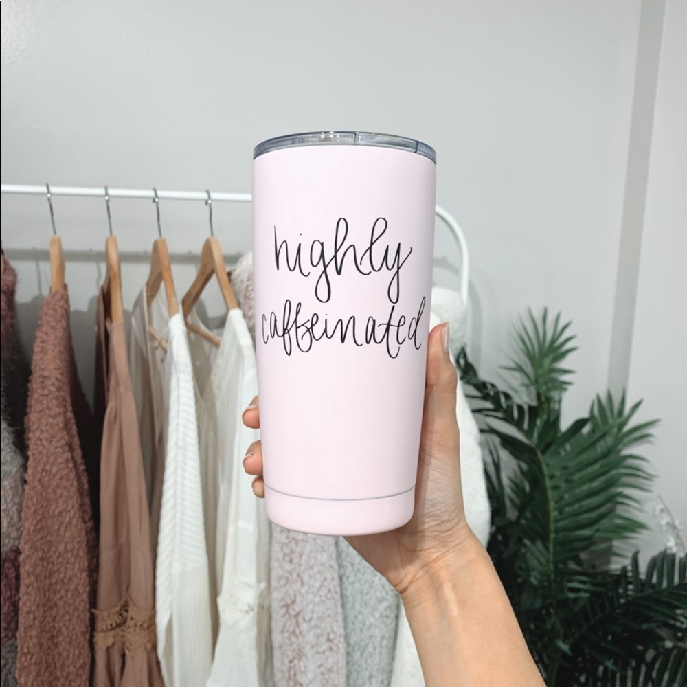 🆕 Blush Pink “Highly Caffeinated” Travel Mug